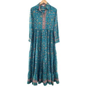boemo Anthro Women's Teal Paisley Tiered Peasant Dress size Medium Long Sleeves